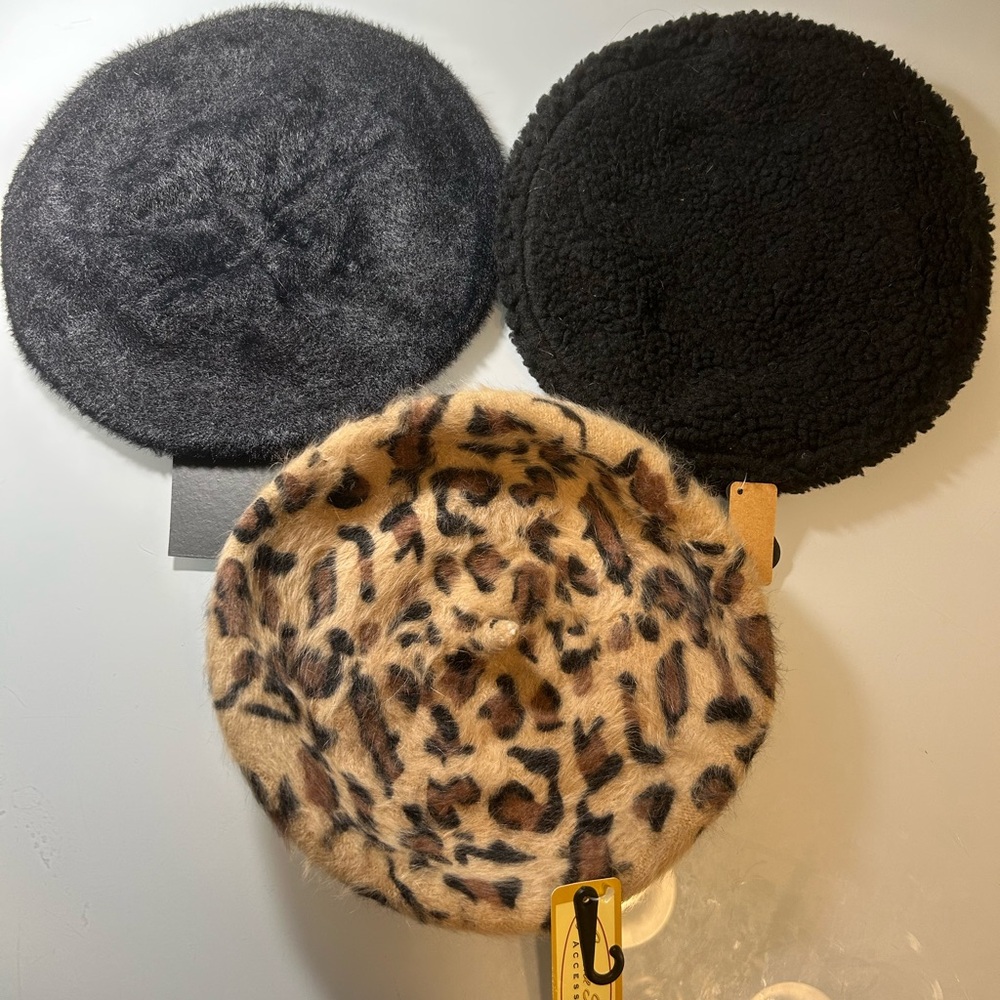 Killstar Faux Fur Leopard Beret with Black and Charcoal Berets